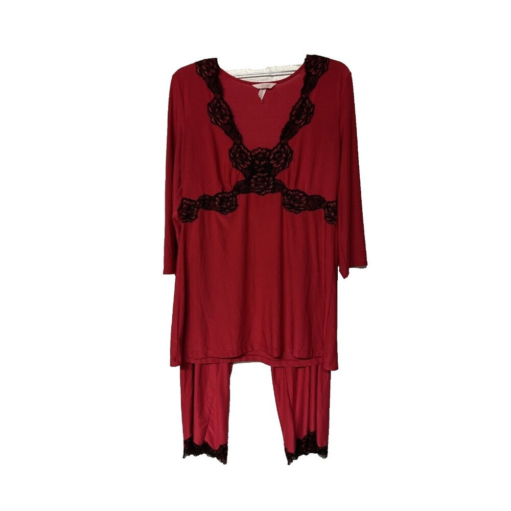 Soma Red Pajama Set with Black Lace Trim